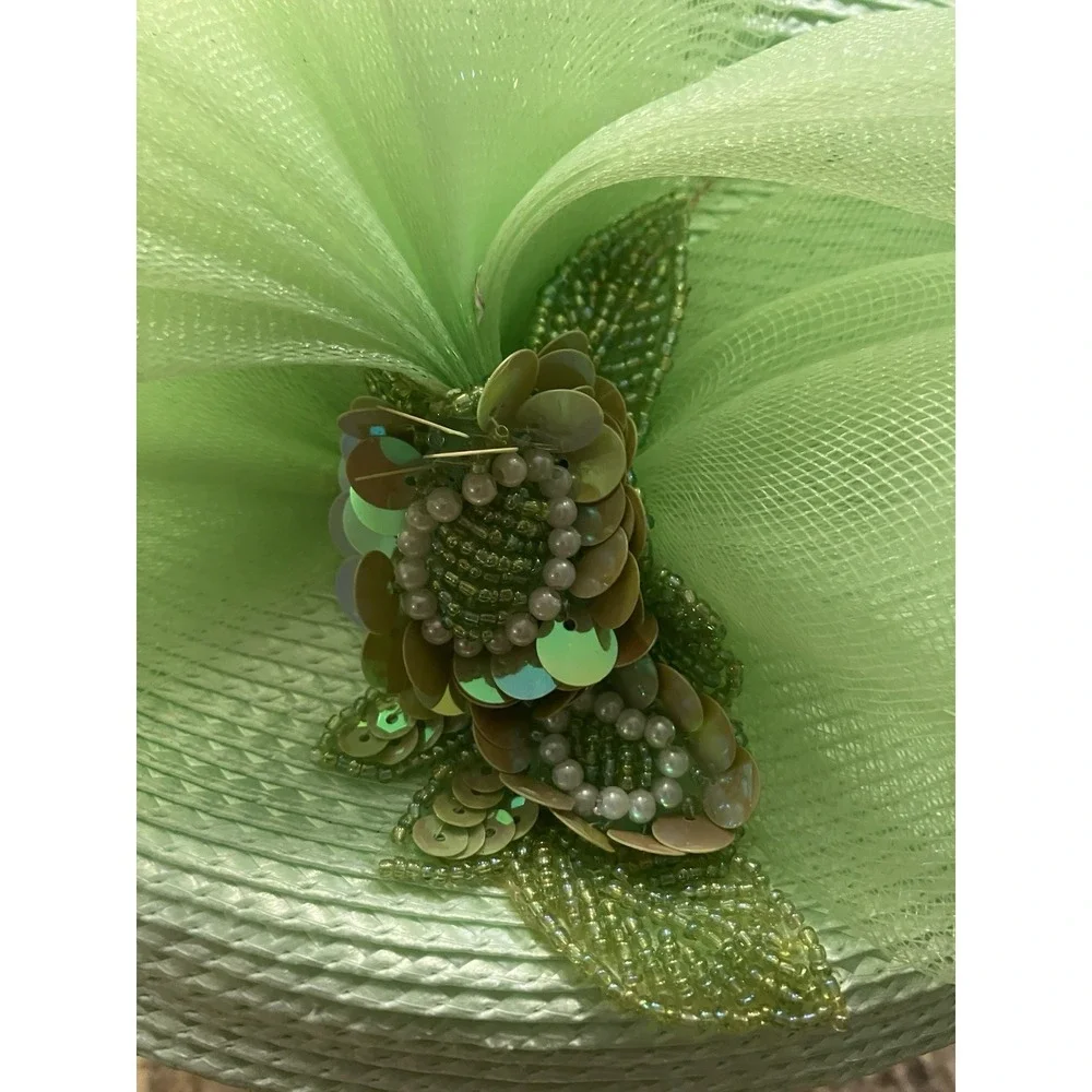 Bright Green Kentucky Derby Hat: Flower Embellishment Sweeping Mesh Loop Sequins